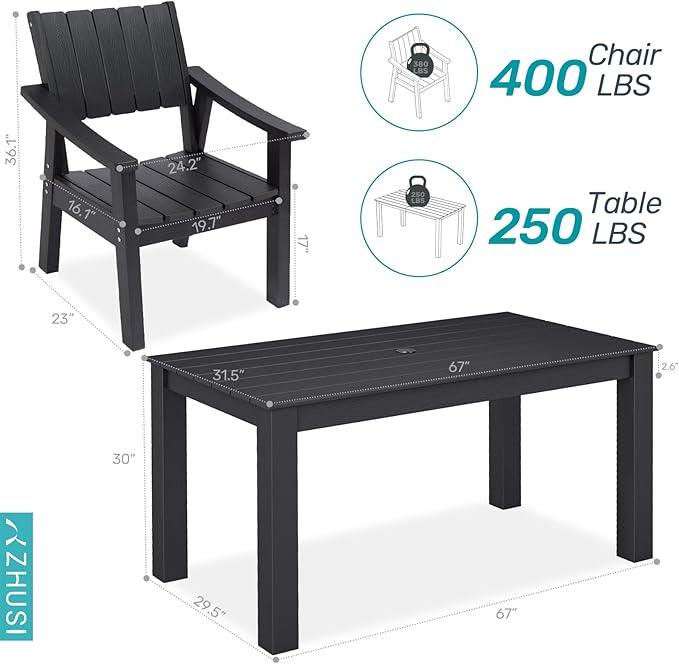ZHUSI Patio Table and Chairs Set, Outdoor Table and Chairs,HDPE Outdoor Dining Set with Umbrella Hole for Backyard, Poolside, Porch (Black, 5 PCS)