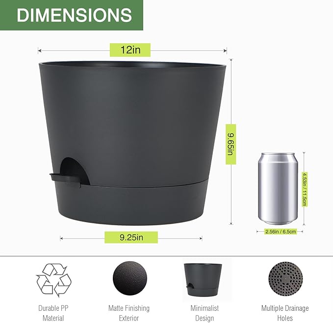 12inch Large Self Watering Plant Pot, Plastic Cylinder Planter with 60Oz Deep Reservoir and Saucer for Indoor Outdoor Plants Flowers Houseplants, Black