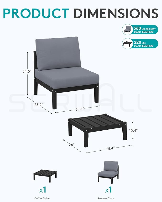SERWALL HDPE Patio Furniture Set, 2 Pieces Outdoor Sectional Sofa Set, All-Weather Wood-Like Outdoor Sofa Couch with Coffee Table for Deck, Lawn, Black Frame with Grey Cushion