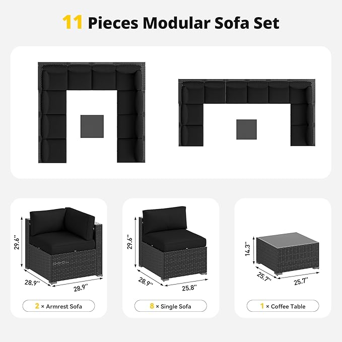 Aoxun Patio Furniture Set, 11 Piece Outdoor Sectional Sofas with Waterproof Cover, 10 Seats Wicker Rattan Outdoor Furniture Patio Conversation Set for Backyard, Garden Black
