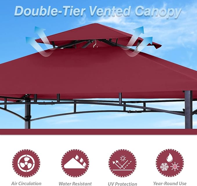 ABCCANOPY 8'x 5' Grill Gazebo Shelter, Outdoor BBQ Gazebo Canopy with LED Light (Burgundy)
