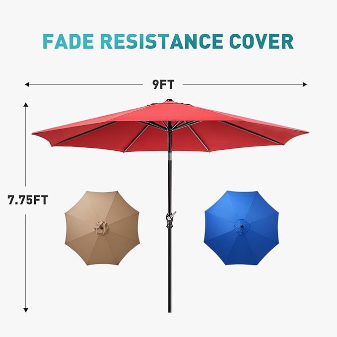 OLIXIS 9ft Patio Umbrella with Tilt and Crank Button & 8 Sturdy Ribs Waterproof, Patio Table Umbrella Perfect for Poolside, Terrace, Beach and Outdoor Restaurant, Red