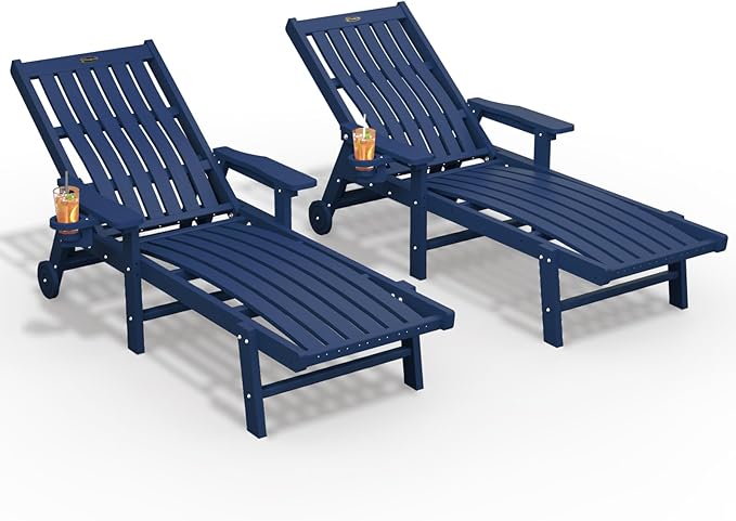 Patio Chaise Lounge Chair Set of 2, Oversized Lounge Chair Outdoor with 5 Positions, HDPE, Patio Lounge Chair with Wheels & Cup Holder for Pool, Deck, Poolside,Navy Blue