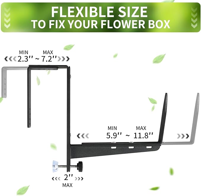 Window Box Brackets, Adjustable Planter Box Brackets, Heavy Duty Iron Flower Box Bracket for Deck Railing with Upgraded Bottom Support - Ideal for Balconies, Fences, and Gardens (2)