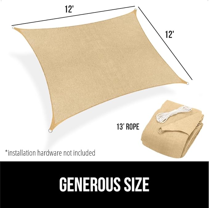 GORILLA GRIP Heavy Duty Sun Shade, UV Protection Fade Tear and Rust Resistant Rectangle Sunshade Canopy, Curved Edges Blocks Sunlight, Breathable Sail, Outdoor Patio, Lawn Garden 12x12 FT Sand
