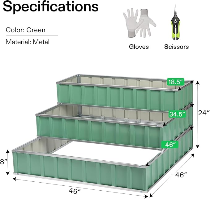 VIVOSUN 3-Tier Metal Raised Garden Bed, 46" x 46" x 24" Galvanized Steel Metal Outdoor Planter Box with Gloves and Scissors to Grow Flowers, Vegetables and Herbs for Outdoor Gardening, Green