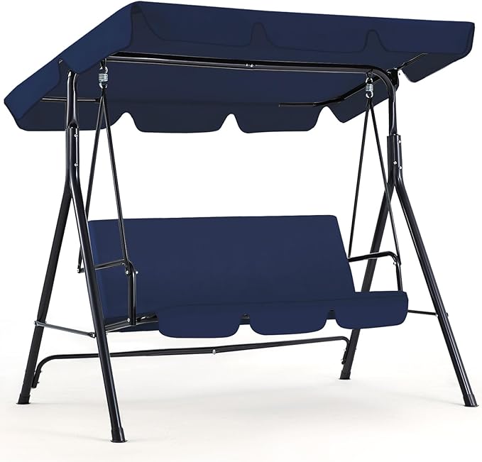 AECOJOY Porch Swing with Stand, 3-Seat Outdoor Clearance Porch Swings for Adults, Outdoor Patio Swing with Adjustable Canopy & Removable Cushion for Backyard, Garden, Yard, Poolside, Balcony (Blue)