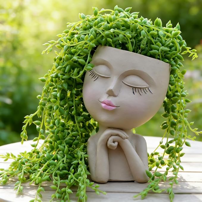 Face Head Planter, Funny Heads Plant Pots, Cute Girl Faces Plant Pot, Decorative Flower Pots, Cute Succulent Pots with Drainage for Home Garden Decor, Plant Lover's Gifts for Women (7" Khaki)