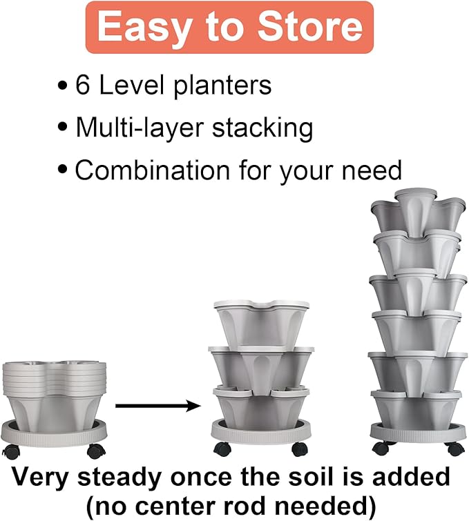 GameXcel Vertical Planter 6 Tier Stackable Planters Garden Planters Strawberry Herb Flower and Vegetable Planter Indoor Outdoor Gardening Pots with Removable Wheels and Tools 2-Pack