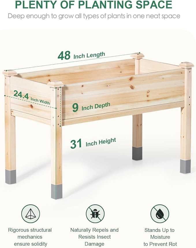 MIXC 331 lb Capacity Wooden Raised Garden Bed with Legs, 48"L x 24"W Elevated Reinforced Large Planter Box for Vegetable Flower Herb Outdoors - Beam and Column Structure - Unmatched Strength Outlast