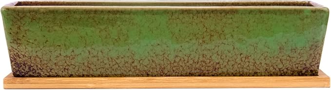 Succulent Pots - Large Succulent Planter Pots with Drainage, 12 Inch Long Rectangle Bonsai Pot with Bamboo Tray Shallow Ceramic Cactus Flower Planter Window Box for Home Garden Decor (Green)