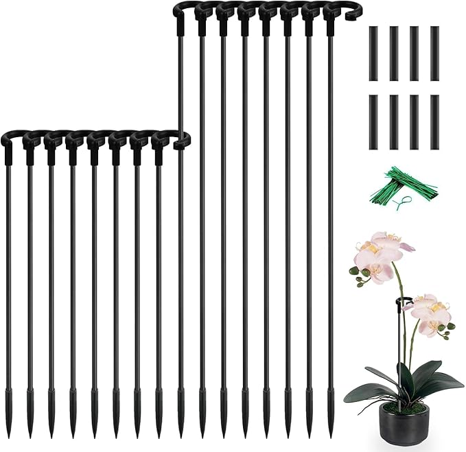 Orchid Sticks 17 inch &11 inch SupKing 16Pcs Plant Stakes with Clips for Support Small Short Plants,Garden Stakes Support Poles Rods Suit for Potted Plants Flowers Seedling (Black)