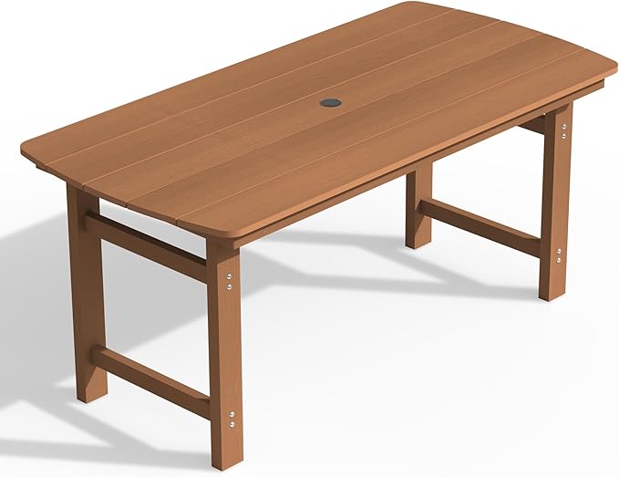 Ciokea HDPE Outdoor Dining Table with Umbrella Hole,66" Rectangle Patio Table for 6,All-Weather Outdoor Patio Furniture Set for Garden Backyard,Teak