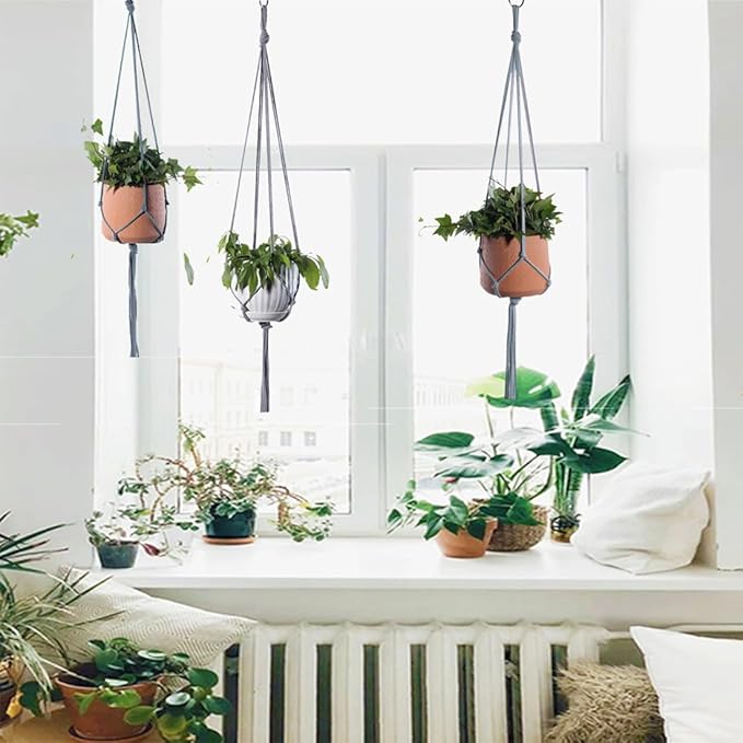 ELANE 6PCS Macrame Plant Hanger Indoor Hanging Planter Basket Decorative Tassels Flower Pot Holder for Indoor Outdoor Home Decor(6Pcs Grey)