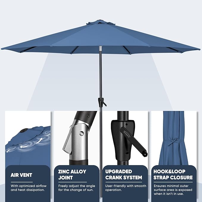 Tempera Patio Market Outdoor Table Umbrella with Auto Tilt and Crank, Large Sun Umbrella with Sturdy Pole & Fade Resistant Canopy, Easy to Set