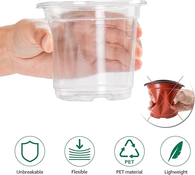 30 Packs 4 Inch Reinforced Clear Nursery Pots with Humidity Dome, Transparent Plastic Plant Pot Seedling Planter with Drainage Holes for Vegetable Propagation, Root Cutting, Seed Starting