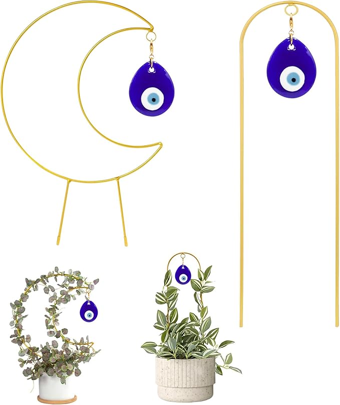 2 Pack Small Trellis for Potted Plants, Gold Metal Plant Support Stake for Indoor Climbing Plants,Boho Plant Decor Accessories Star and Full Moon Shapes - Gold Color Size: 17" x 7"