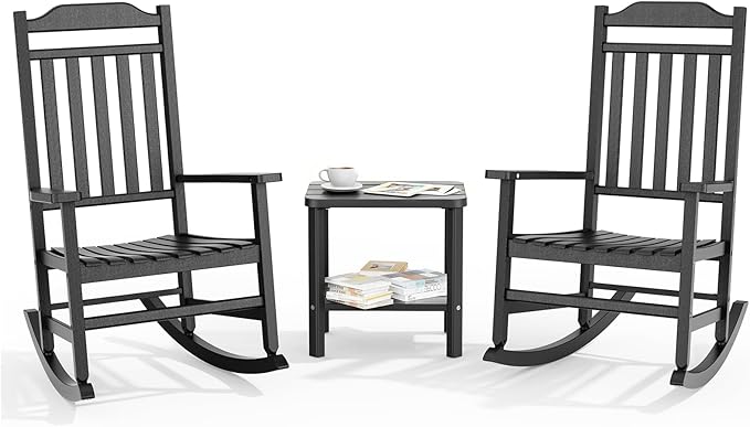 3 Piece Outdoor Rocking Bistro Set, Rocking Chairs Outdoor Furniture, Resin Waterproof Sun-Proof Patio Furniture Set for Garden, Pool, Backyard（3, Black）