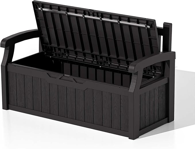 Patiowell 75 Gallon Plastic Storage Bench, Water-Resistant Deck Box for Patio Furniture, Garden Tools, Pool Storage and Outdoor Cushions, Black
