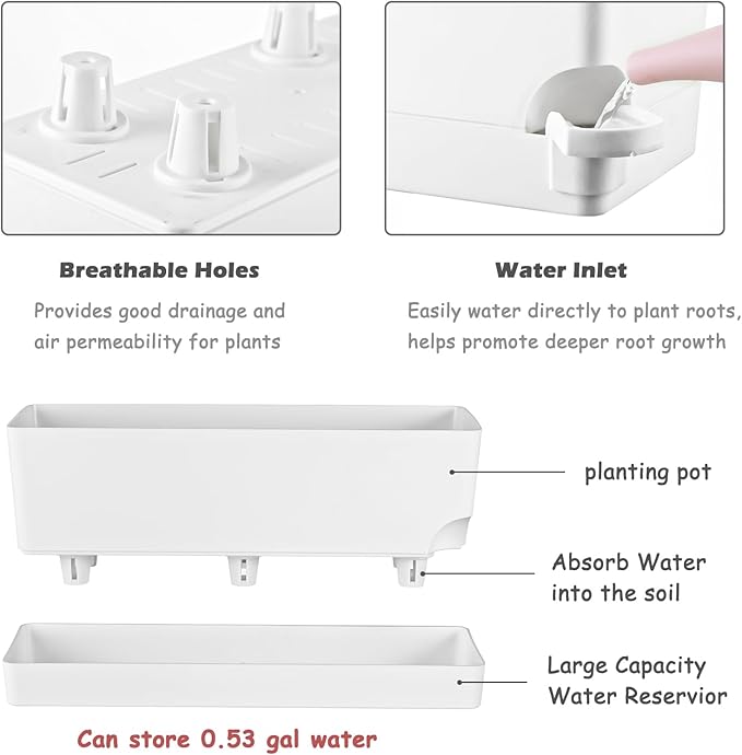 2 Pack Self Watering Pots for Indoor Plants 17 Inches Window Boxes Planters Rectangular Flower Pots Rectangle Herb Pots Large Plant Pots with Drainage Holes and Saucers Windowsill Planter, White