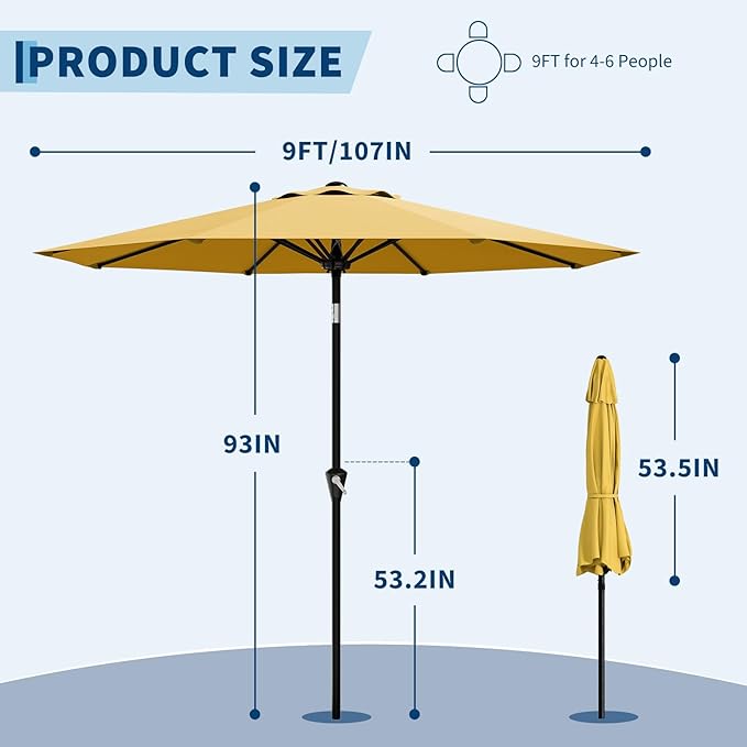 Garvee 9FT Patio Umbrella - Outdoor Table Umbrella with Smooth Crank Lift, Push Button Tilt and 8 Sturdy Ribs - Market Umbrella UV Protection Waterproof for Pool, Deck, Yard, Garden -Yellow