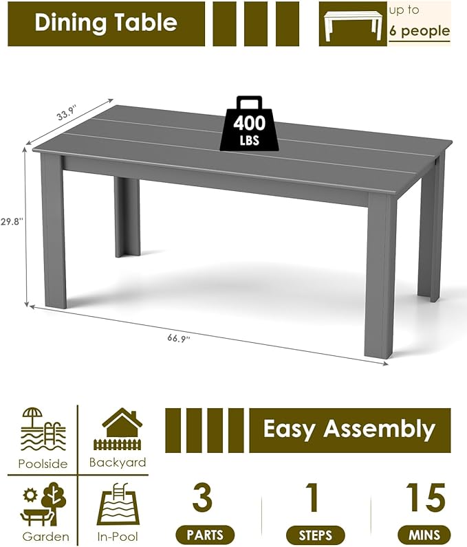 GREENVINES Outdoor Dining Table | 67’’ | HDPE | Rectangle Tables for 6 | All-Weather | Umbrella Hole | Patio Furniture | for Poolside Backyard Garden | Grey