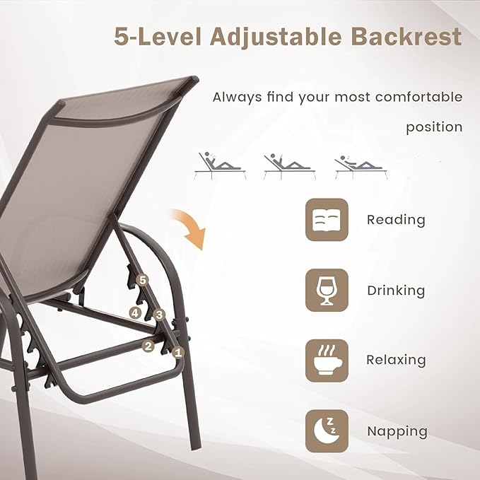 Giantex Patio Lounge Chair, Outdoor Chaise Lounge with 5 Adjustable Backrest, Sturdy Metal Frame, Sunbathing Recliner, Tanning Chairs for Outside, Beach, Yard, Balcony, Poolside, Brown