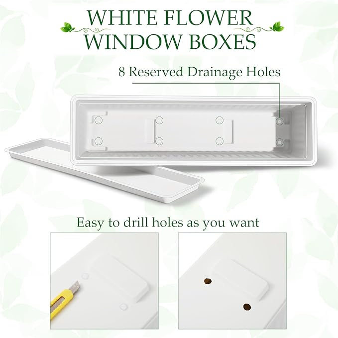 6 Packs 27 Inch Window Flower Box Extra Large Window Sill Herb Garden Long Rectangle Planter Plastic Boxes Outdoor with Drainage Trays for Balcony Windowsill Patio Garden