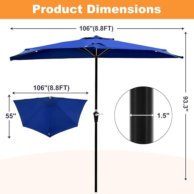 OLIXIS Half 9Ft Umbrella Outdoor Patio, Scalloped Patio Umbrella with Easy Crank, Sun Half Patio Umbrella for Balcony, Market, Garden, Blue