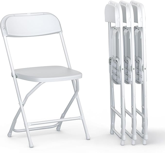 4 PACK White Foldable Plastic Chair | Folding & Stackable | 350 lbs Capacity Steel Frame Seats for Indoor Outdoor | Commercial Use Events Wedding Party Events Bulk Picnic Kitchen Dining