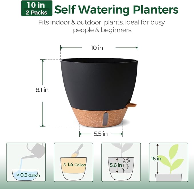 2 Pack 10 Inch Self Watering Pots - Water Level Indicator & Deep Reservoir, Mess-Free Planter for Busy People, Beginners & Gardeners, Fiddle Leaf Fig, Monstera, ZZ Plants, Indoor Outdoor Use (Black)