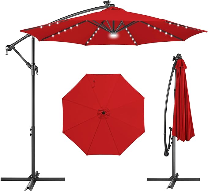 Solar Offset Patio Umbrella - 10 ft Solar Cantilever Umbrella Outdoor with 40 LED Lights and Cross Base, UV Protection for Garden, Deck, Backyard, Pool, Porch (Red)