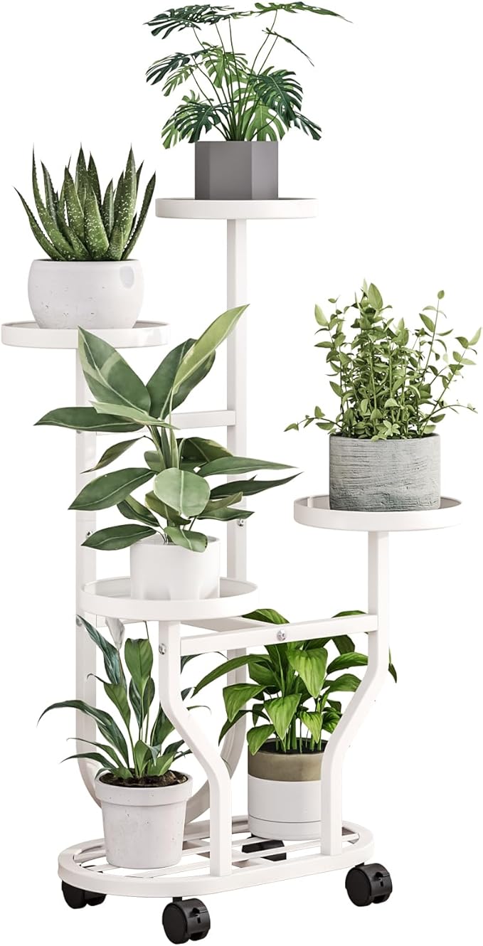 Plant Stand Indoor Outdoor 4 Tier Flower Holder with Wheels Metal Plant Shelf Corner Display Rack Multi Plants Sheleves for Living Room Garden Patio White
