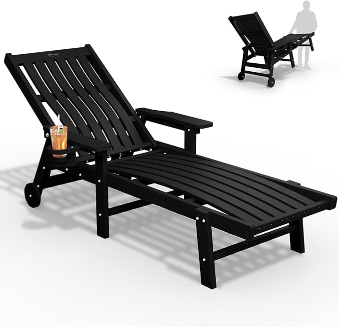 Patio Chaise Lounge Chair, Oversized Lounge Chair Outdoor with 5 Positions, HDPE, Patio Lounge Chair with Wheels & Cup Holder for Pool, Deck, Poolside,Black