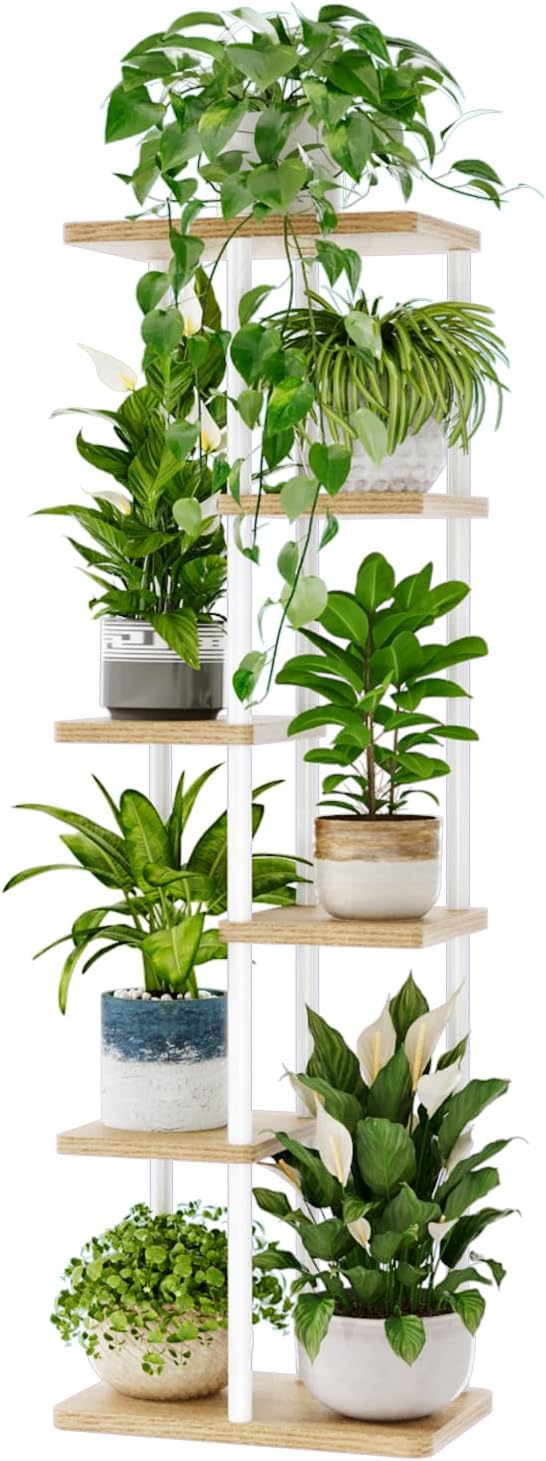 Bamworld Tall Plant Stand Indoor 6 Tier Plant Shelf for Multiple Plants, Tiered Flower Pot Stands for Patio Garden Balcony Living Room Bedroom, White