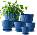 7.5/6.5/5.5/4.9/4.2/3.5 Inch Plant Pots with Saucers & Drain Holes - Indoor/Outdoor Flower Pots for Succulents, Herbs, Cactus - Modern Lightweight Durable Planter Set, Blue