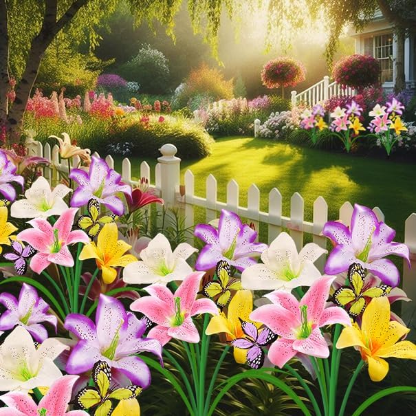 Solar Garden Lights 2 Pack with 8 Lilies Outdoor Decorative Flower Lights for Garden, Gift for Family and Friends, IP65 Waterproof Flower Solar Outdoor Stake Lights for Yard Patio Lawn Pathway