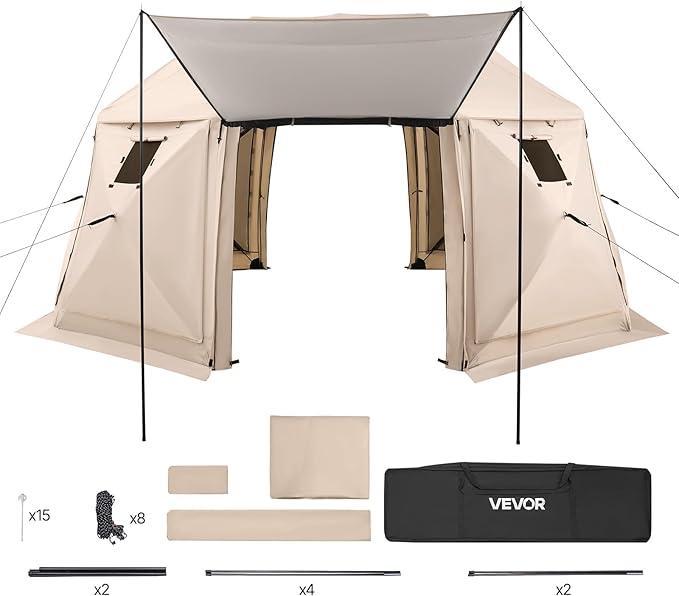 VEVOR Pop up Gazebo Screen Tent, 15 x 15 ft, 13-Sided Spherical Camping Canopy Tent with Removable Top & Carry Bag, Quick-Set & Bite-Proof, Screen House Sun Shelter for 12-15 Persons, Beige