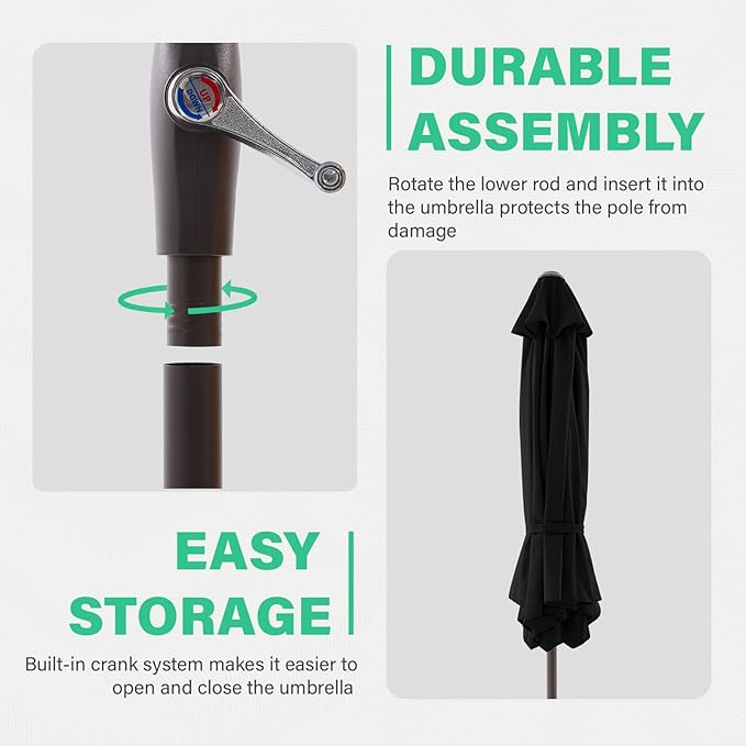 JEAREY 7.5FT Patio Umbrella Market Table Umbrella with 6 Sturdy Ribs, Push Button Tilt/Crank Outdoor Umbrella for Garden, Deck, Backyard, Pool, Black