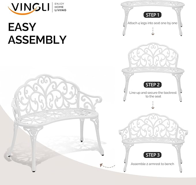 VINGLI 38.5" Patio Park Garden Outdoor Metal Rose Bench, 2-Person Cast Iron Cast Aluminium Frame Antique Finish Chair,Accented Lawn Front Porch Path Yard Decor Deck Furniture (White, Butterfly)