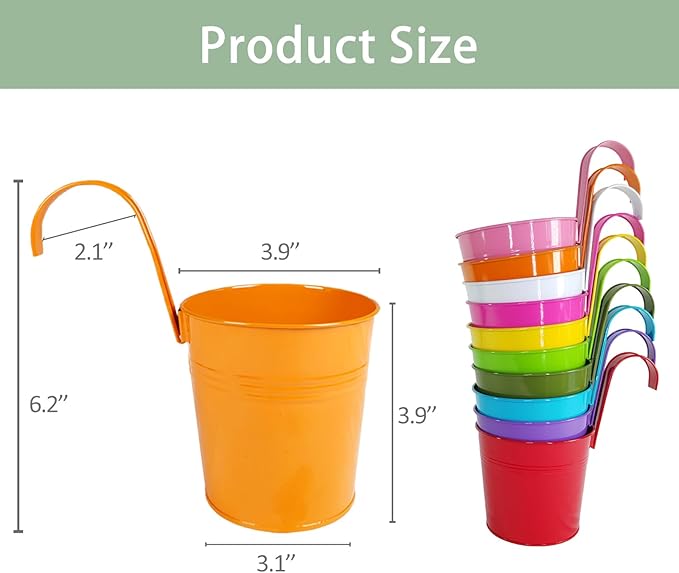 10 Pcs Fence Planters, 4" Metal Hanging Pots Plant Holder with Detachable Hook & Drainage, Railing Planter Flower Pot for Indoor Outdoor Balcony Patio Garden