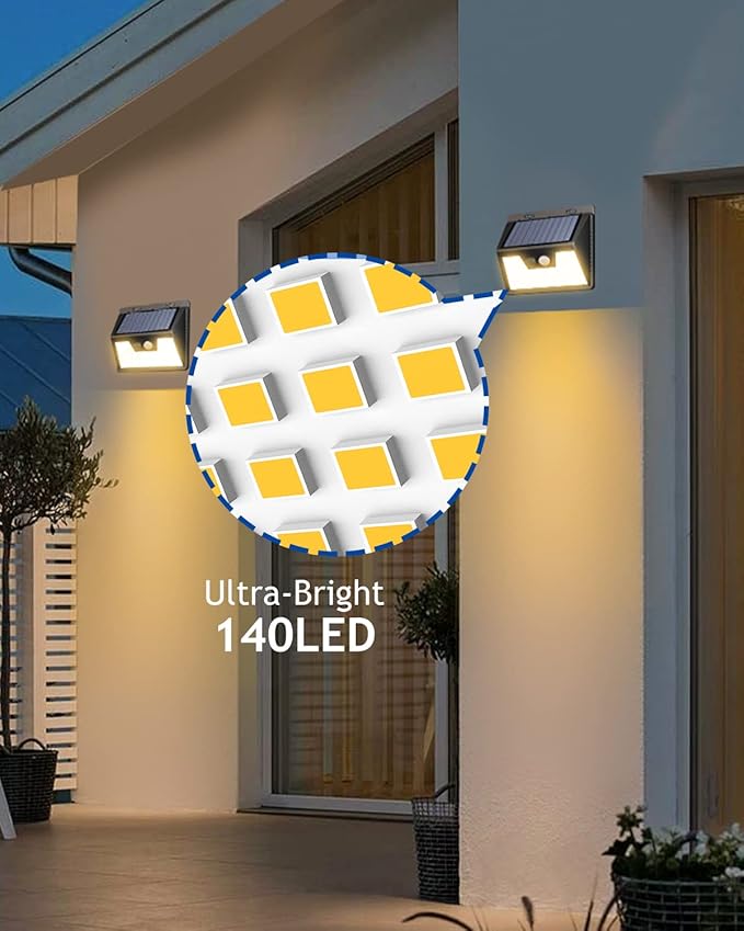 Peasur Solar Lights Outdoor Waterproof [3 Pack/140LED], Warm White Motion Sensor Lights Dusk to Dawn, 3 Modes Solar Fence Security Lighting for Wall Garden Yard Stair Outside