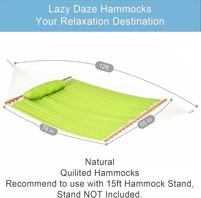Lazy Daze Hammocks 12 FT Double Quilted Fabric Hammock with Spreader Bar and Detachable Pillow, Two Person Hammocks, 450lbs Weight Capacity (Light Green)