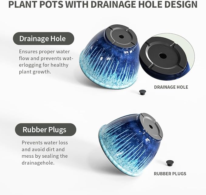 Flower Pots, 8 Inch Plastic Plant Pots for Plants, Set of 4 Planter for Indoor Outdoor Plants with Drainage Hole, Sleek Small Nursery Planting Pot for Home Garden Outdoor Planters(Blue Glaze)