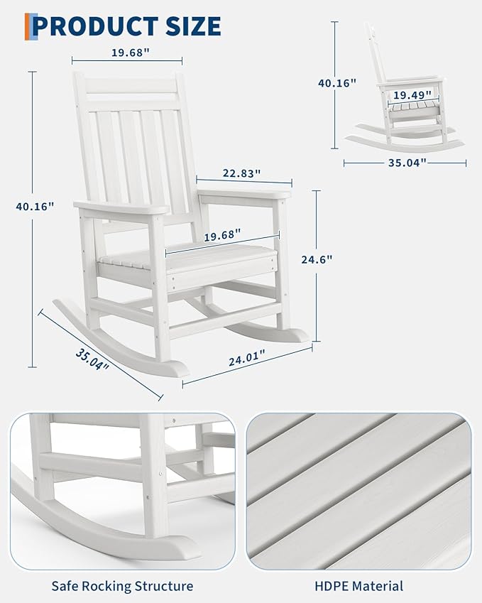 GarveeLife Poly Lumber Rocking Chair Outdoor Set of 6 - HDPE High Back Porch Rocker Chairs for Adults - All Weather Resistant Furniture for Patio - White