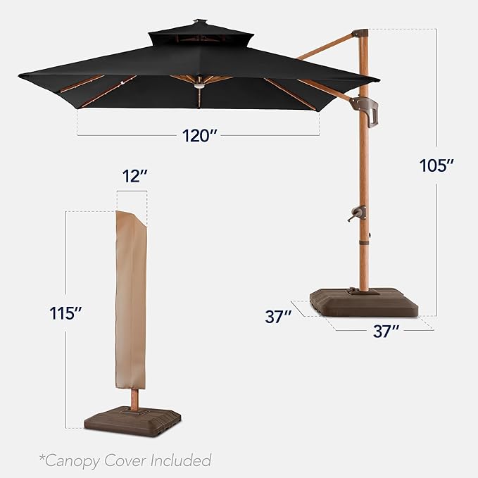 Best Choice Products 10ft Square Cantilever Patio Umbrella w/Base Included, Woodgrain Pattern Pole & Solar LED Lights, 360-Rotation, Offset Hanging Outdoor Shade - Black