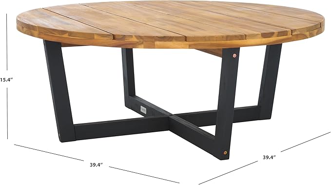 SAFAVIEH Outdoor Collection Leo Natural/Black 4-Leg Round Coffee Table, Ideal for Deck, Patio, Backyard, Sunroom