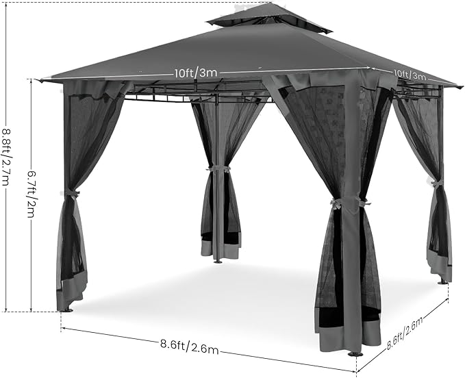 COBIZI Gazebo 10x10 Heavy Duty Gazebos with Improved Nettings Outdoor Gazebo Double Roof Patio Gazebos with Metal Steel Frame Outdoor Canopy for Patio, Deck, Backyard (Black)