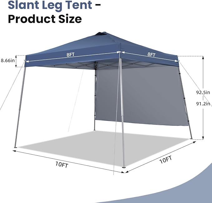 10X10 Pop Up Canopy, Slant Legs Instant Outdoor Canopy Tent with 1 Sidewall, Portable Patio Garden Deck Gazebo Shelter - 10x10 Base 8x8 Top