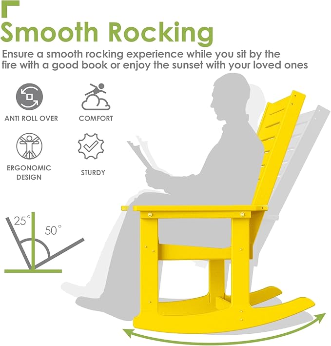 GREENVINES Outdoor Rocking Chairs | Set of 2 | Porch Rocker | HDPE Plastic | Yellow | Oversized Rockers | High Back | Big & Tall | Ladder Back | for Patio Outside Backyard Balcony Garden